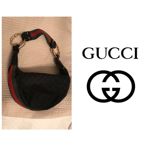 Gucci Handbags - Authentic Gucci Black GG Web Bamboo Hobo Bag